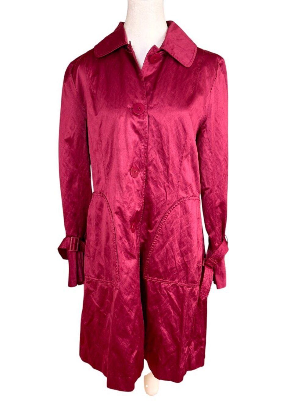 DKNY Satin Trench Coat Shimmer Berry Red Belt Included (M)
